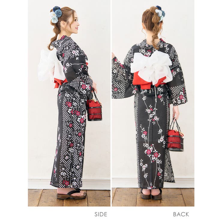 モノトーン×しだれ桜柄浴衣2点セット ガーリー浴衣 平帯[品番