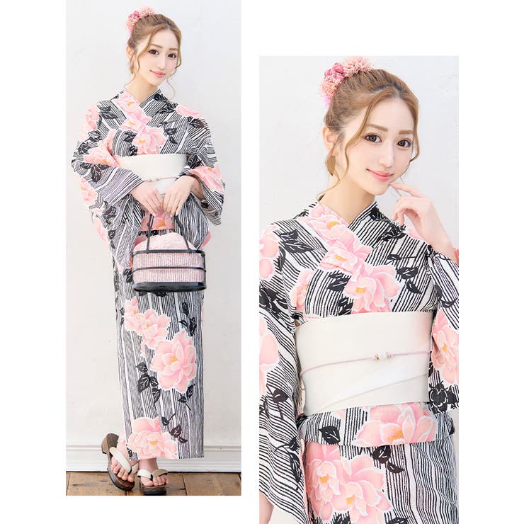 着物反物 黒白ストライプ ピンク花柄 楽天市場】ストライプ（着物｜和服）：レディースファッションの通販