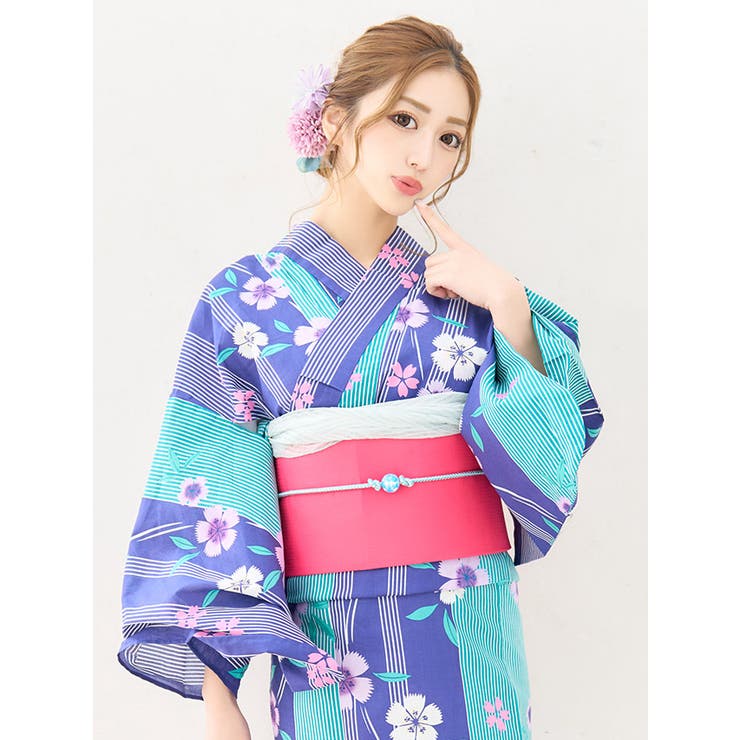 カラフルストライプ×桜柄浴衣3点セット レトロ浴衣 浴衣[品番