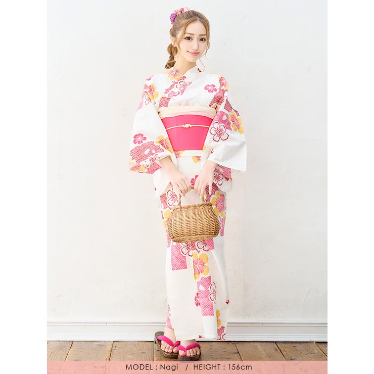白地×ポイント桜柄浴衣3点セット ガーリー浴衣 レトロ浴衣[品番