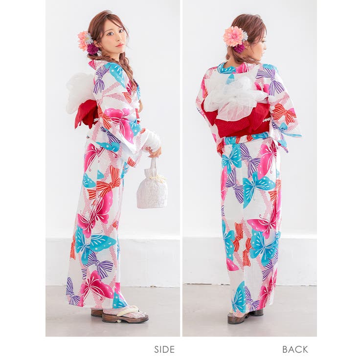 マルチカラーバタフライ×リボン柄浴衣2点セット 平帯 レディース