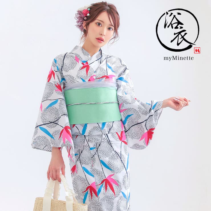 白地×菊×紅葉柄浴衣2点セット 作り帯 レディース浴衣[品番