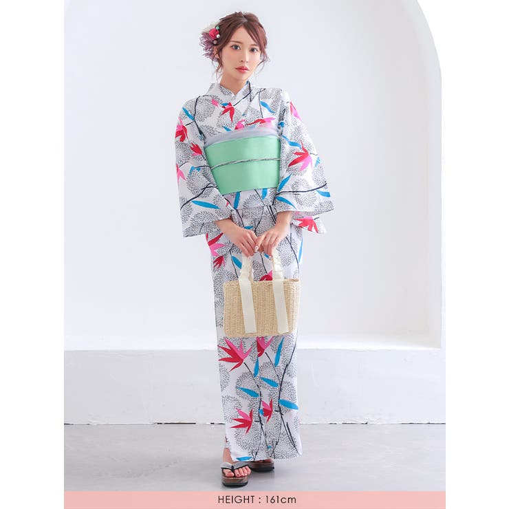 白地×菊×紅葉柄浴衣2点セット 作り帯 レディース浴衣[品番
