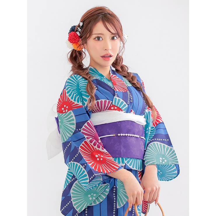 カラフルストライプ×菊柄浴衣2点セット 作り帯 レディース浴衣