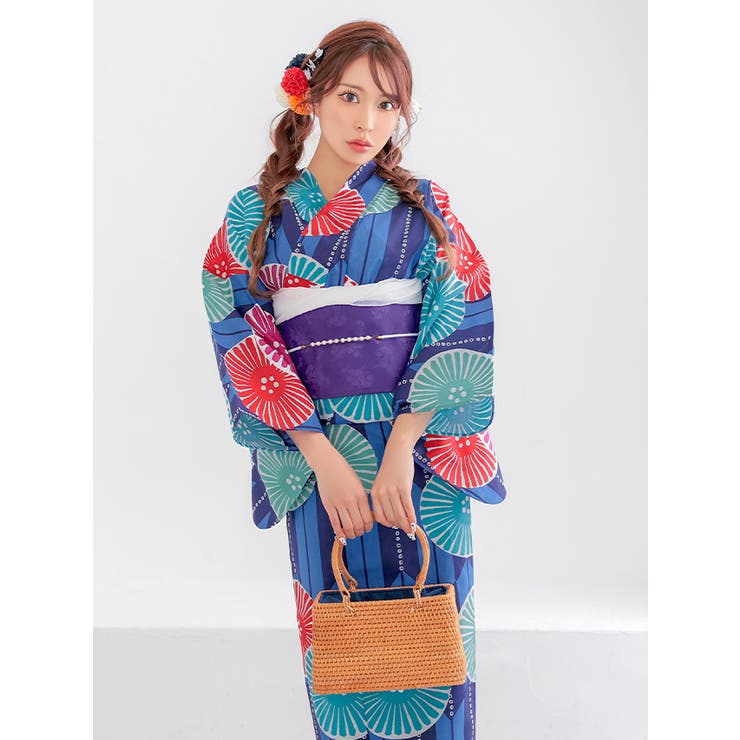 カラフルストライプ×菊柄浴衣2点セット 作り帯 レディース浴衣