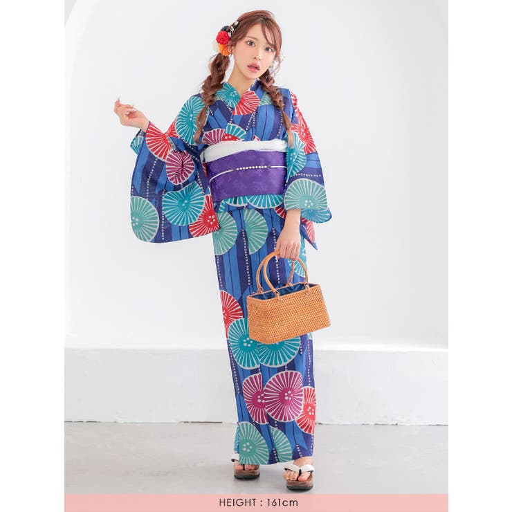 カラフルストライプ×菊柄浴衣2点セット 作り帯 レディース浴衣