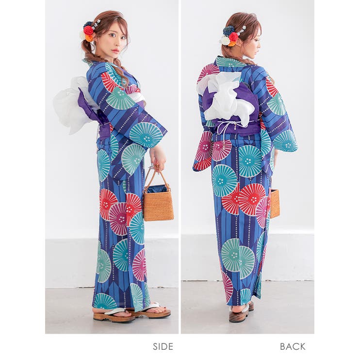 浴衣　レディース　青と白のストライプ 花柄 楽天市場】ストライプ（サイズ（S/M/L）フリー）（浴衣セット