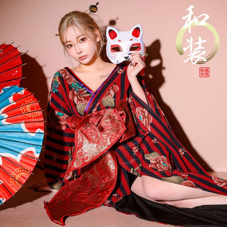 華やかフラワー×ストライプ花魁風コスチューム ハロウィン