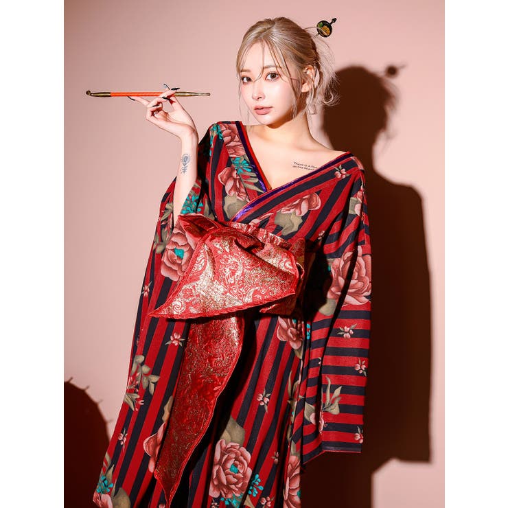 華やかフラワー×ストライプ花魁風コスチューム ハロウィン 華やかフラワー×ストライプ花魁風コスチューム ハロウィン