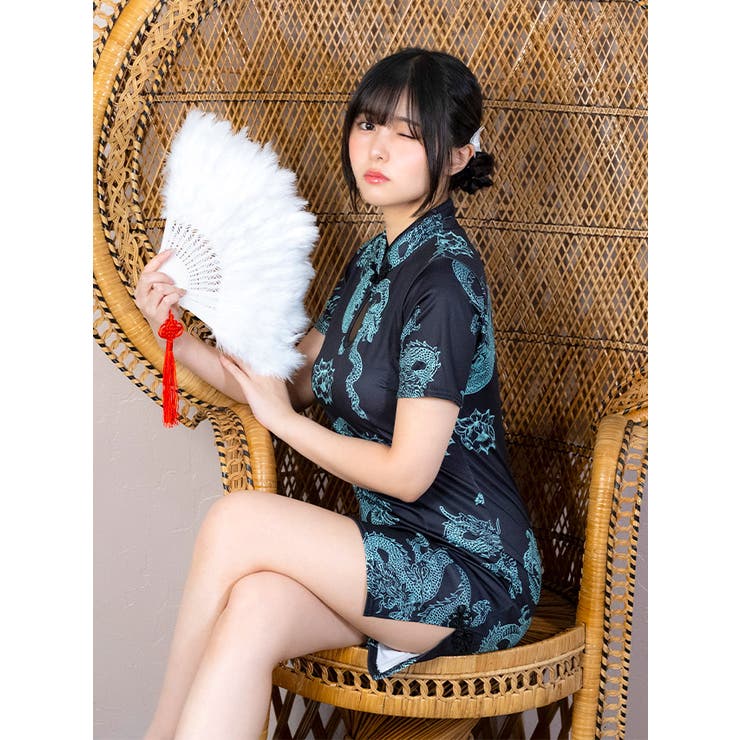 ハロウィン コスプレ ドラゴン刺繍チャイナドレス ドラゴン刺繍ドロップカットミニ丈チャイナドレスコスチューム