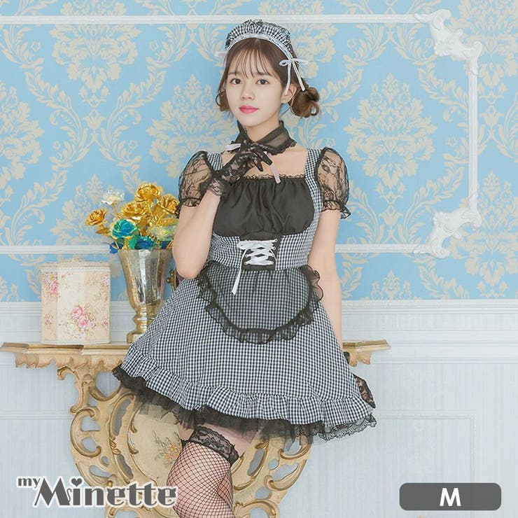 ウエストレースアップAラインギンガムチェックメイドコスチューム[品番