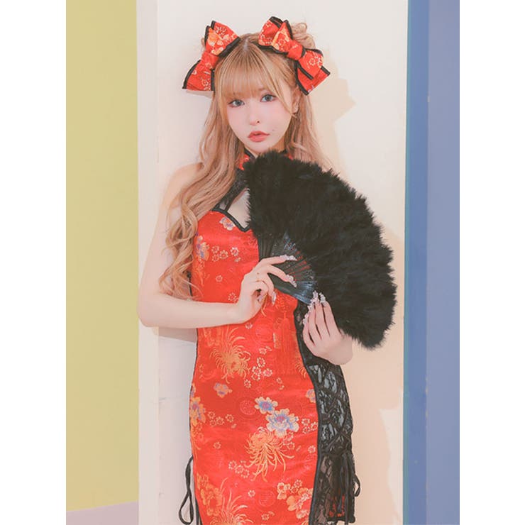 サイドカットレースネックリボン×バストカットチャイナドレス