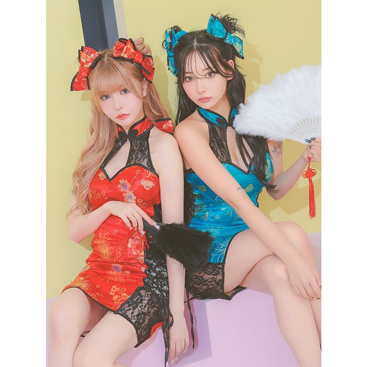 サイドカットレースネックリボン×バストカットチャイナドレス
