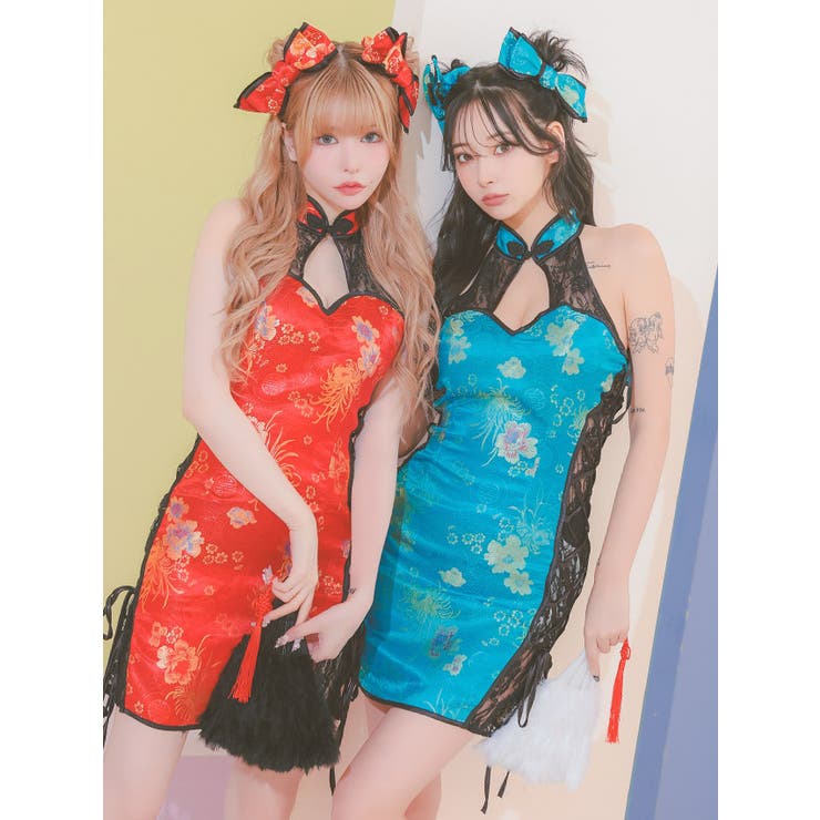 サイドカットレースネックリボン×バストカットチャイナドレス  