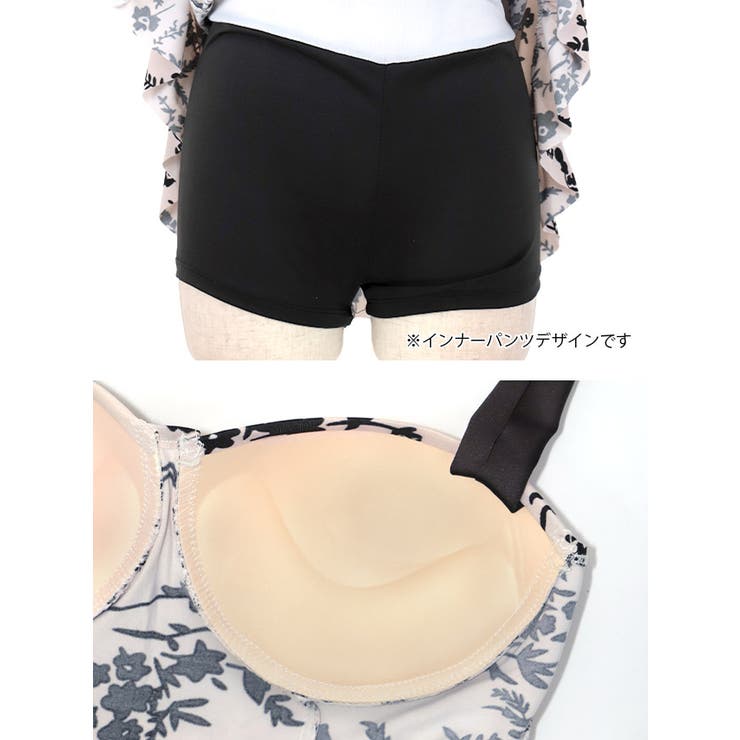 モノトーンボタニカルリボンショルダーワンピース水着 ガーリー