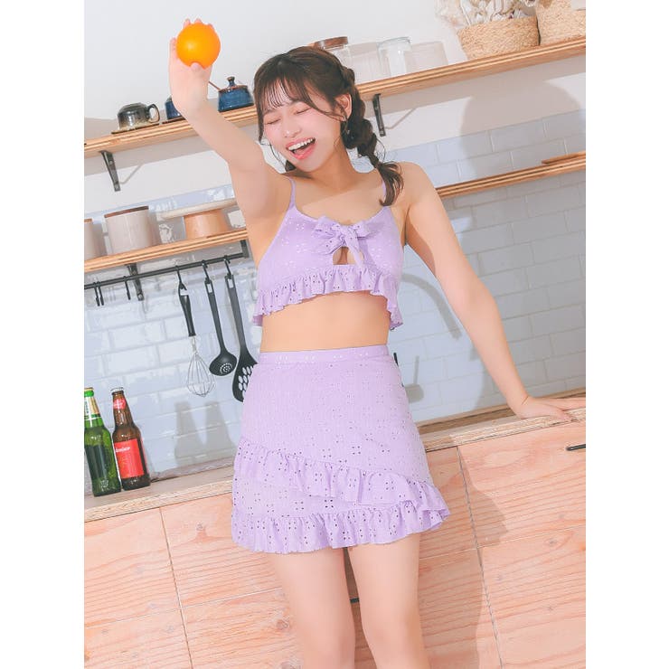 3点setスカート付き×レースビスチェ水着☆ホワイト/パープル 23a