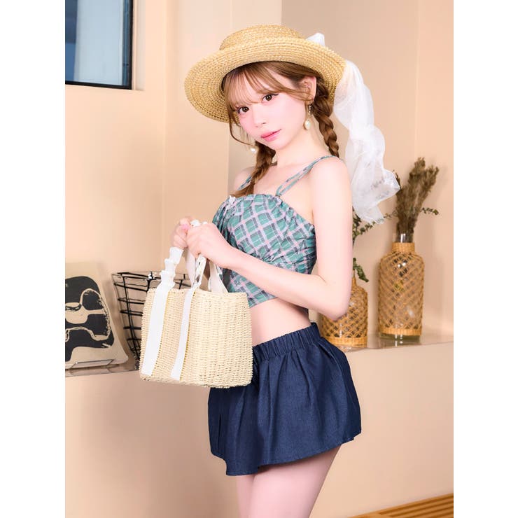 myMinette チェック柄コルセット風ビキニ＆デニムミニスカート水着3点セッ… | my minette | 詳細画像2 