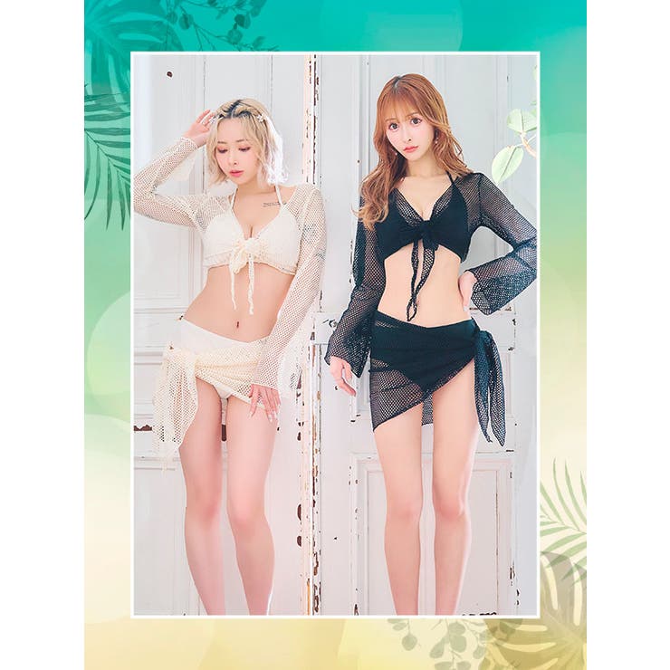 メッシュアウター付きワンカラー三角ビキニセット セクシー