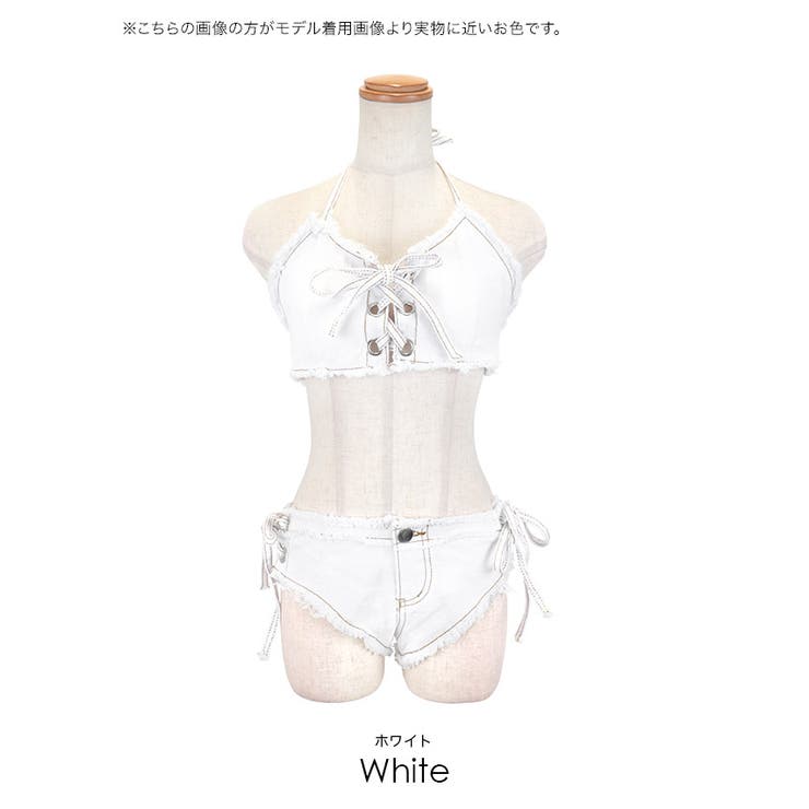 ダメージデニムレースアップビキニエロかわスイムウェア水着バストカットサイドカットアウトカットSサイズブラックホワイトPyunA.浦西ひかるmyMinetteマイミネット