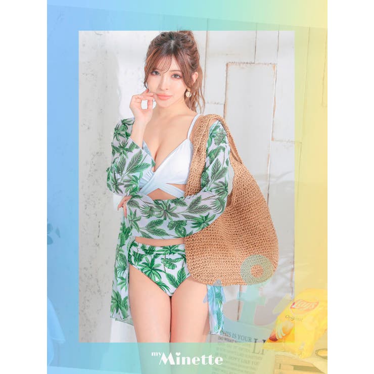 ホワイト×リーフラッシュガード付きウエストクロスコードリボン三角ビキニセット セ… | my minette | 詳細画像1 