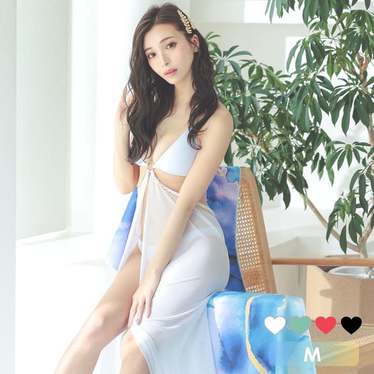 ホワイト | パレオ付きチェーンライン三角ビキニ セクシースイムウェア リゾート水着 | my minette