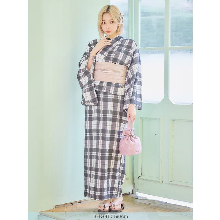 モノトーンチェックワンピース浴衣3点セット 二部式浴衣 キャミ