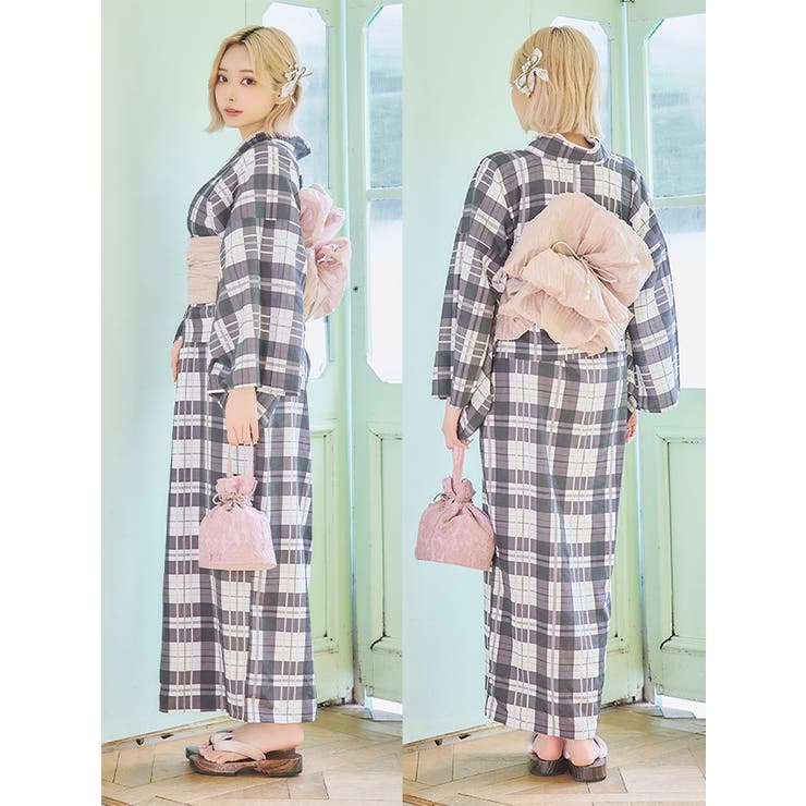 モノトーンチェックワンピース浴衣3点セット 二部式浴衣 キャミ