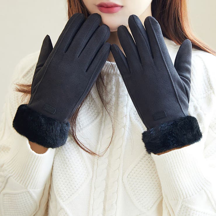 ブラック | レディース スマホ対応 タッチパネル対応 裏起毛 ファー手袋  | M.Y.A.