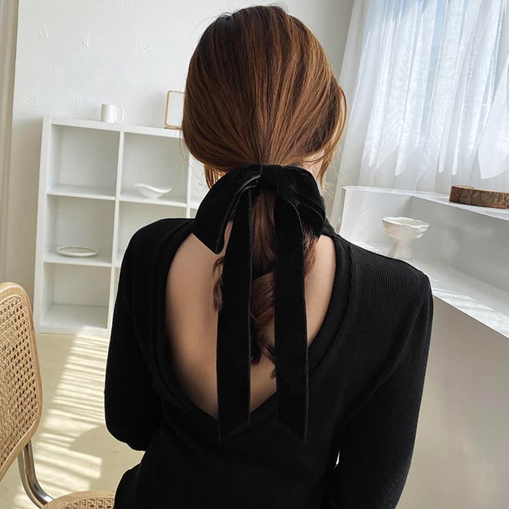 ブラック | シュシュ ヘアゴム ヘアバンド リボン ベルベット | M.Y.A.