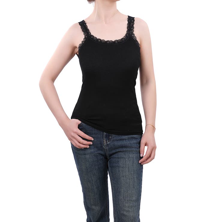 ブラック | キャミソール レース リブ 薄手 下着 肌着 速乾 サラサラ | M.Y.A.