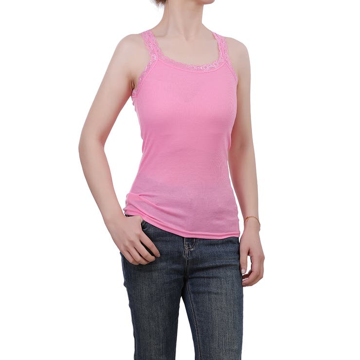 ピンク | キャミソール レース リブ 薄手 下着 肌着 速乾 サラサラ | M.Y.A.