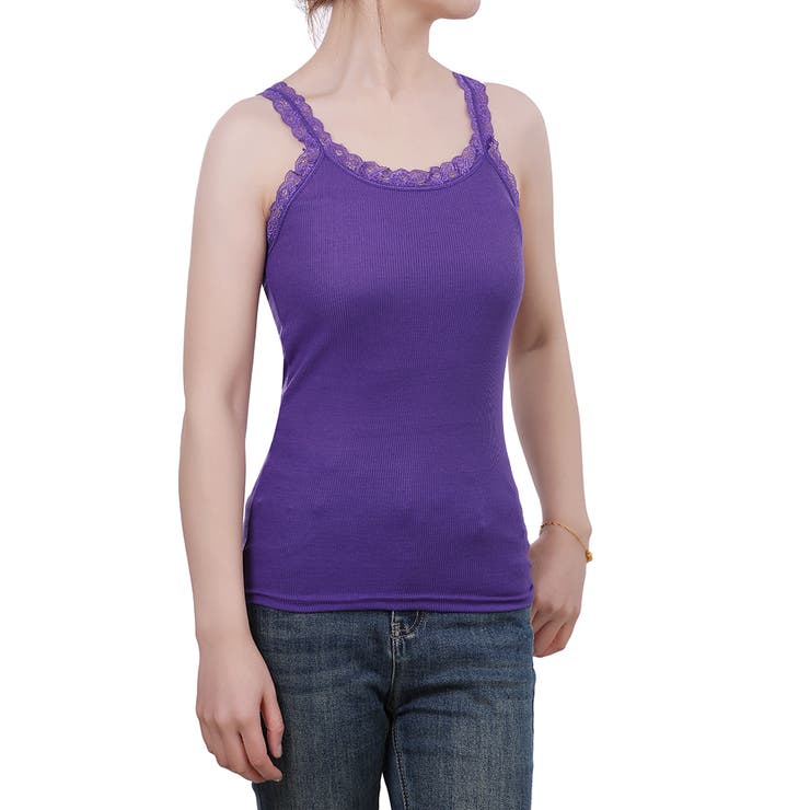 パープル | キャミソール レース リブ 薄手 下着 肌着 速乾 サラサラ | M.Y.A.