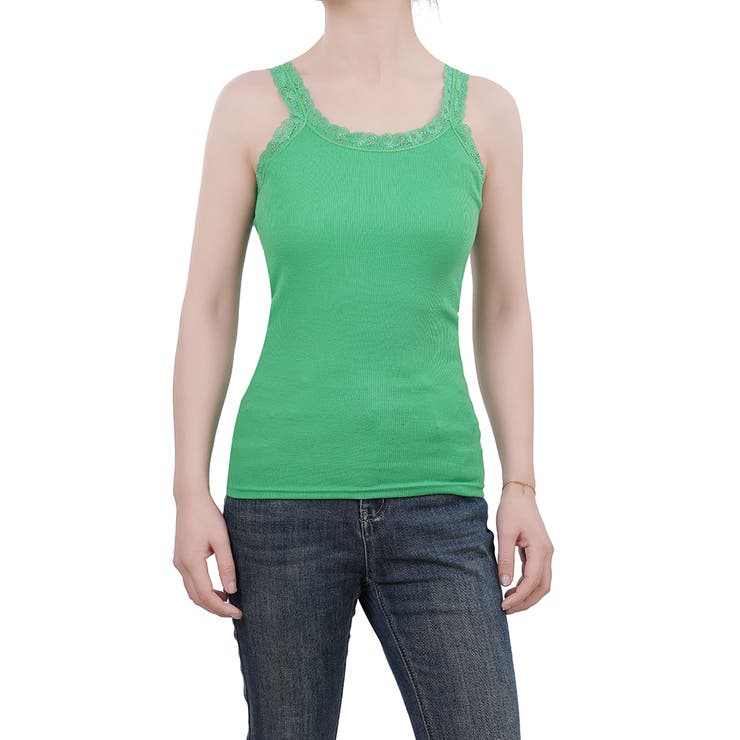 グリーン | キャミソール レース リブ 薄手 下着 肌着 速乾 サラサラ | M.Y.A.