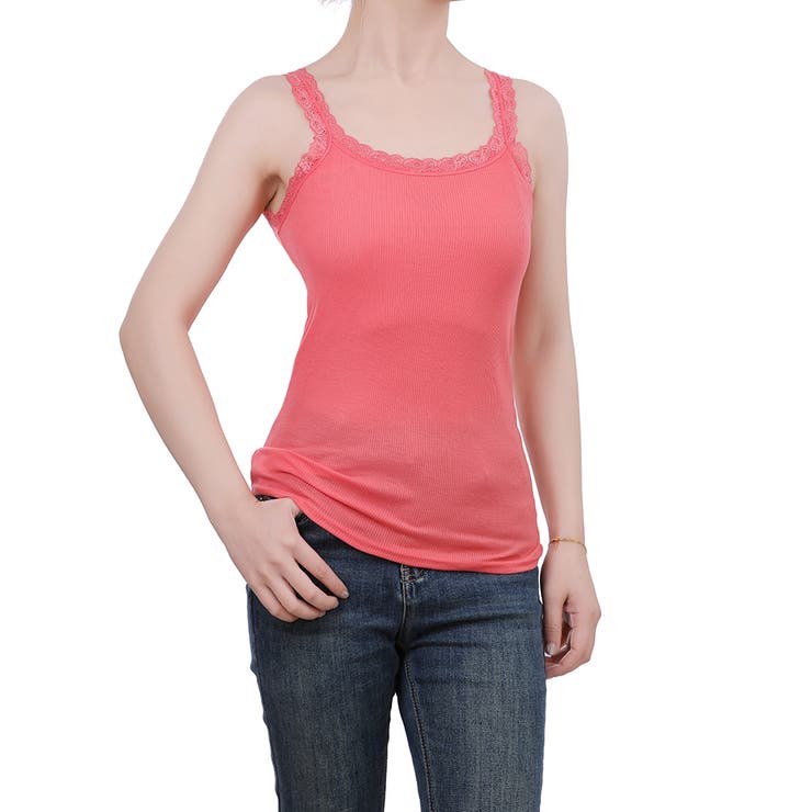 コーラルピンク | キャミソール レース リブ 薄手 下着 肌着 速乾 サラサラ | M.Y.A.