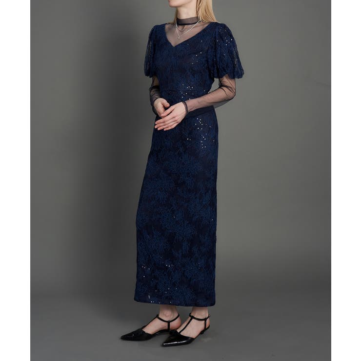 ネイビー | KIRARI PUFF SLEEVE DRESS | My shawty
