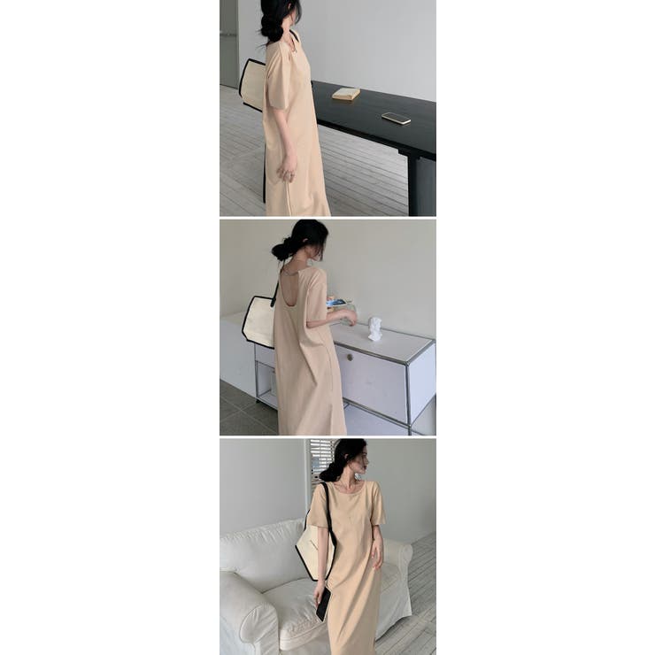 ロング Tシャツ ワンピース マキシ丈 五分袖 背中見せ 無地 着瘦せ ひんやり 大きいサイズ ロング丈 バックスリット
