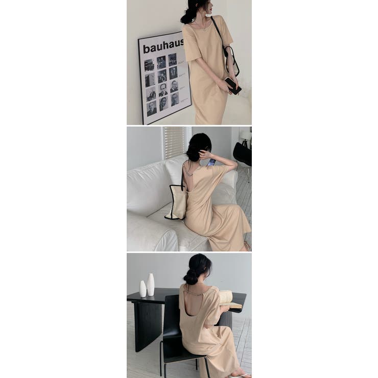 ロング Tシャツ ワンピース マキシ丈 五分袖 背中見せ 無地 着瘦せ ひんやり 大きいサイズ ロング丈 バックスリット