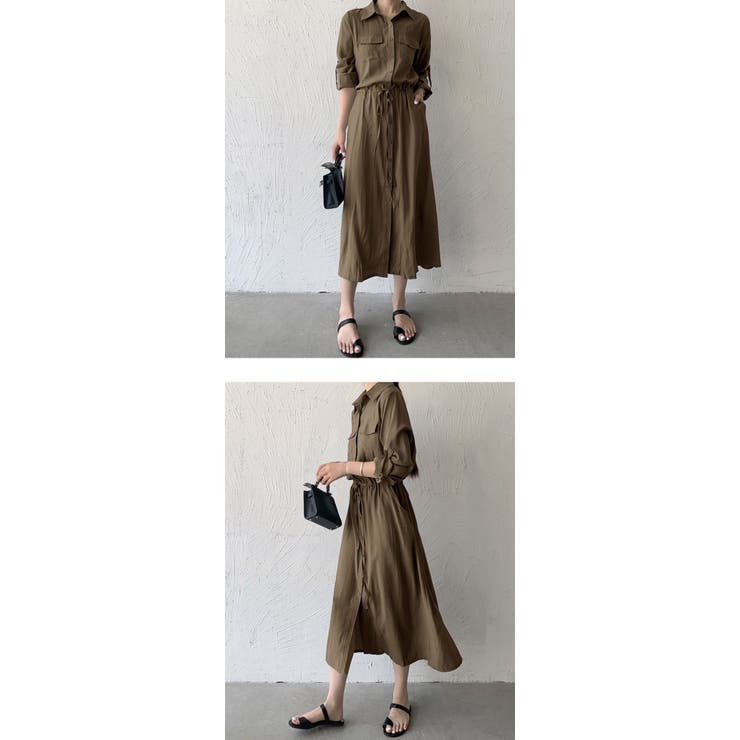 シャツワンピース 長袖 大きいサイズ きれいめ 襟付き ボタン ウエストリボン ロング マキシ丈 体型カバー 上品