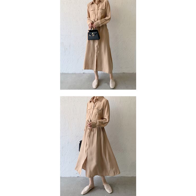シャツワンピース 長袖 大きいサイズ きれいめ 襟付き ボタン ウエストリボン ロング マキシ丈 体型カバー 上品