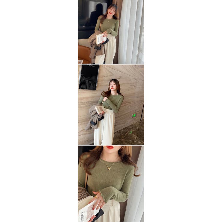 ニット トップス インナー レディース 長袖 ラウンドネック 長袖tシャツ カットソー インナーシャツ アンダーウェア 防寒 