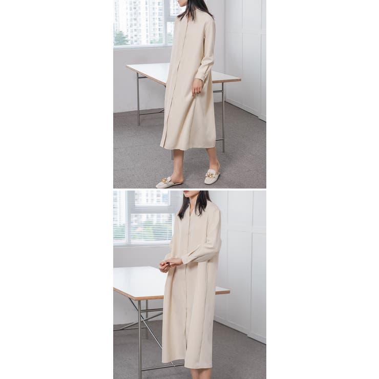 シャツ ワンピース 春夏秋 きれいめ ワンピース レディース 長袖 きれいめ Vネック シャツワンピース ロング丈 ミモレ丈 フォーマル