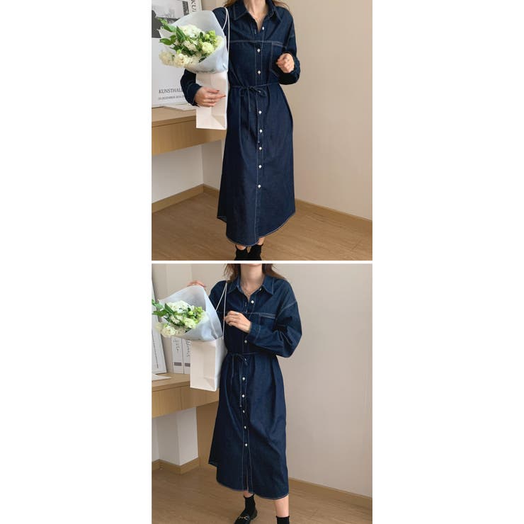 デニム ロング丈 シャツワンピース 襟つき レディース ロング デニム カジュアル感 デニムシャツ 長袖 きれいめ 着痩せ 春夏秋