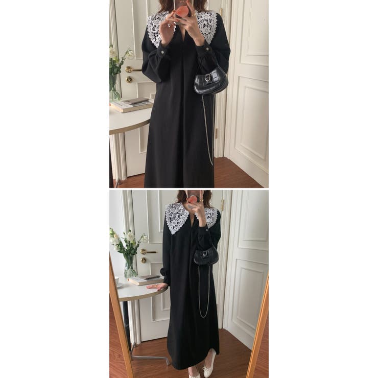 ロングワンピース レースネック タックスリーブ 長袖 春夏秋 きれいめ マキシ丈ワンピース 膝下 エレガント