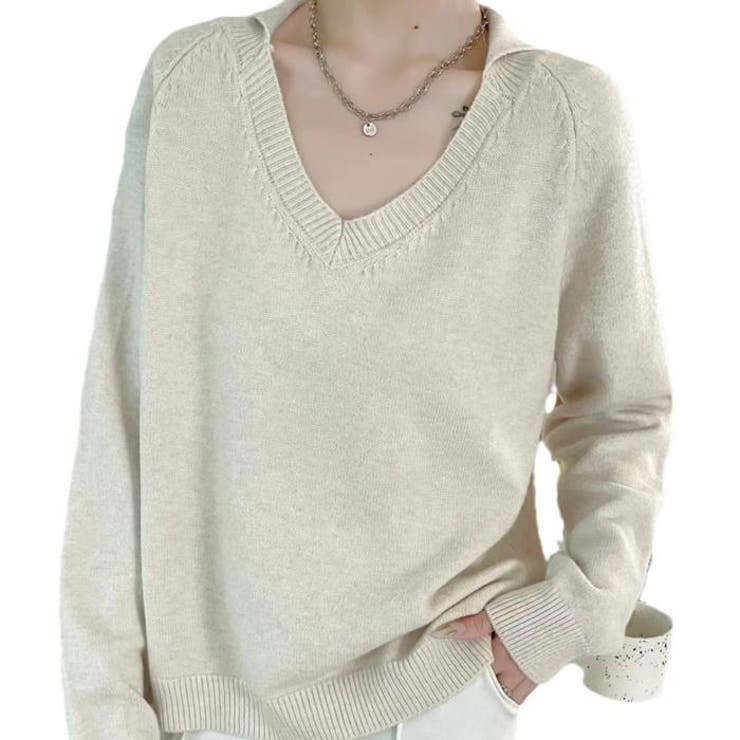 3色！ゆったりロングニットセーター Ｖネック 襟付きセーター