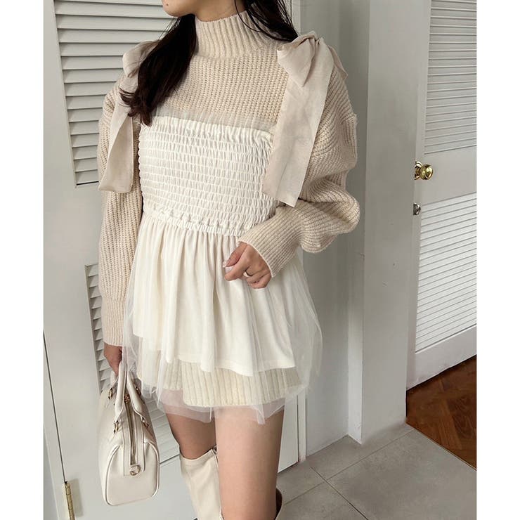 ■NICE CLAUP(ナイスクラブ)Knit warmer + round short coat セール】マルチWAYフェザーニット（ニット/セーター）｜one