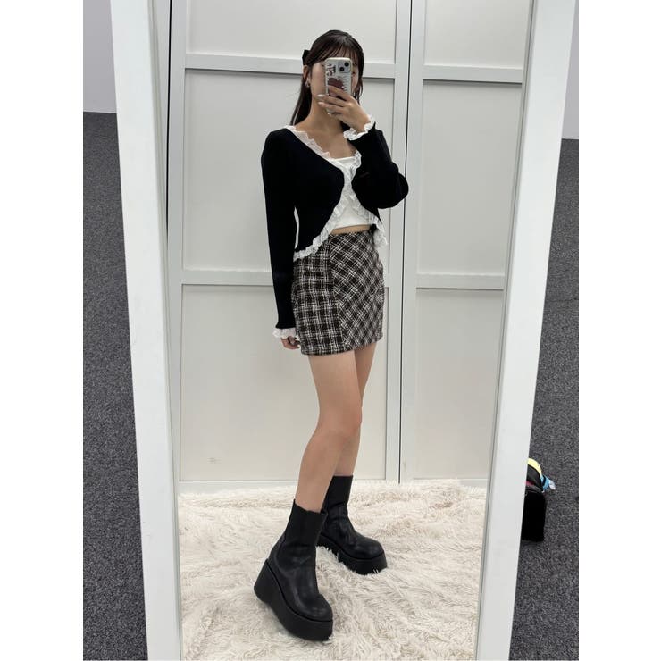 one after another】バックレースアップツイードミニスカート[品番