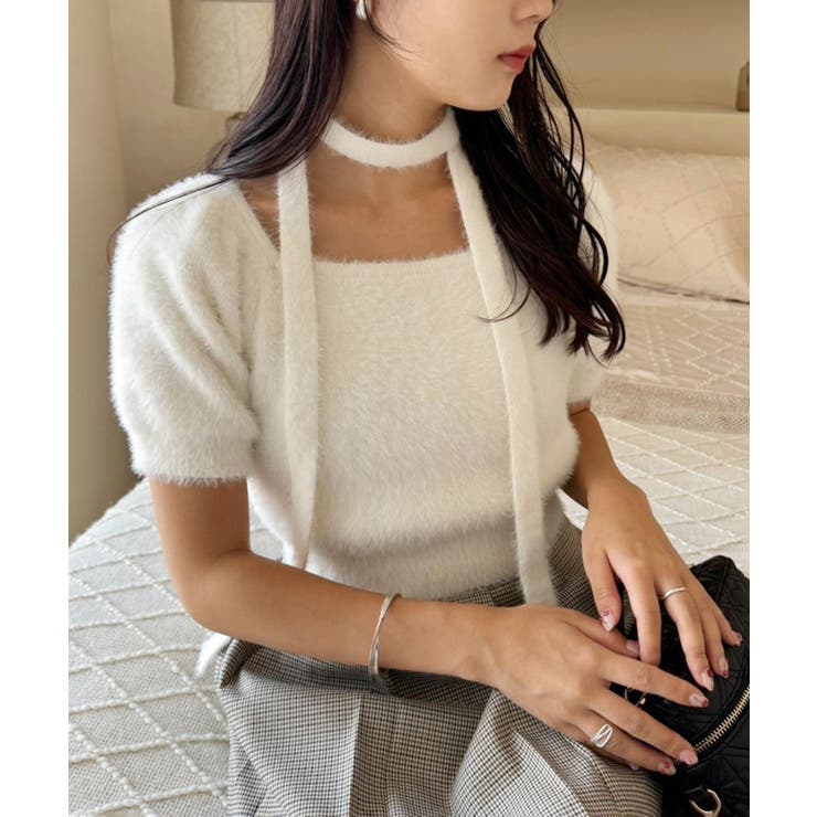 【one after another】チョーカー付き半袖フェザーニット | NICE CLAUP / OLIVE des OLIVE　OUTLET | 詳細画像1 