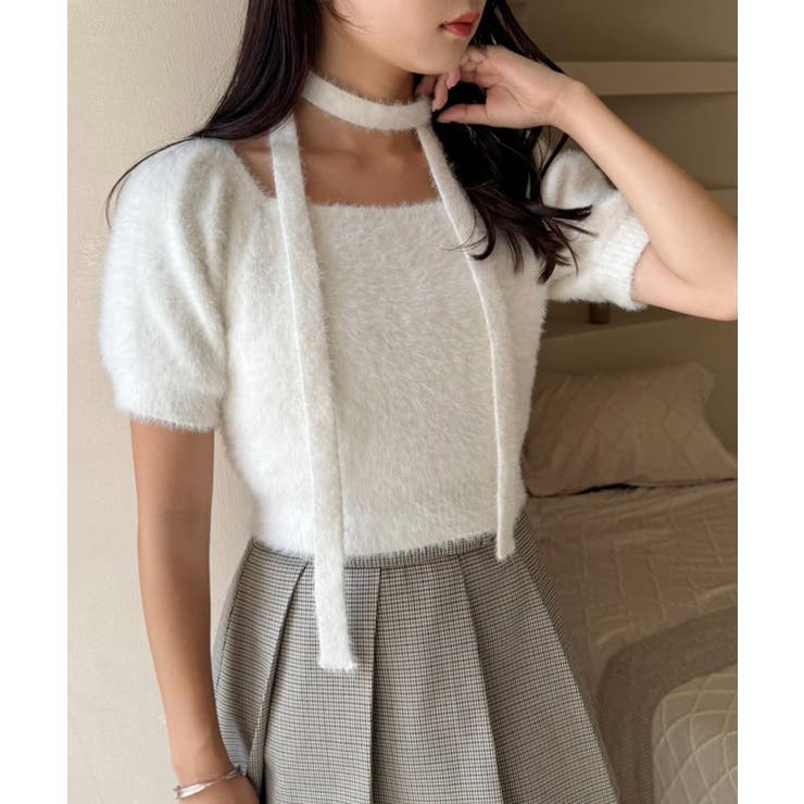 【one after another】チョーカー付き半袖フェザーニット | NICE CLAUP / OLIVE des OLIVE　OUTLET | 詳細画像2 