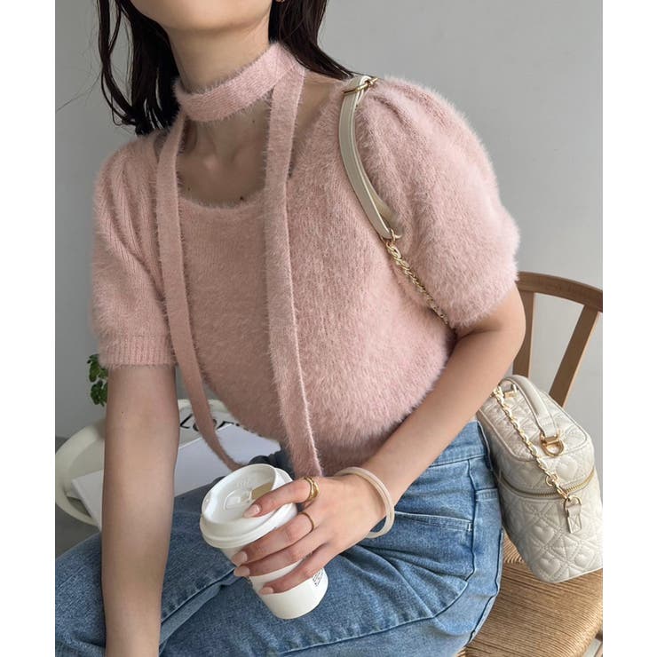 ピンク | 【one after another】チョーカー付き半袖フェザーニット | NICE CLAUP / OLIVE des OLIVE　OUTLET