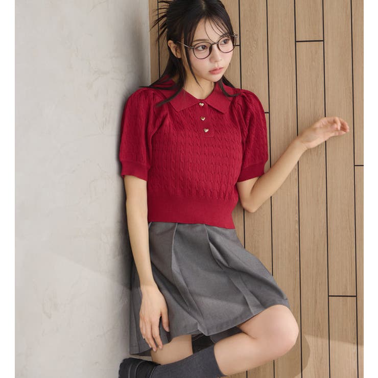 カデュネ　美品正規品　ケーブルポロニット　ピンクシャツブラウスつき　茶 セール】襟ジュエルブラウス≪洗濯機で洗える≫（シャツ/ブラウス